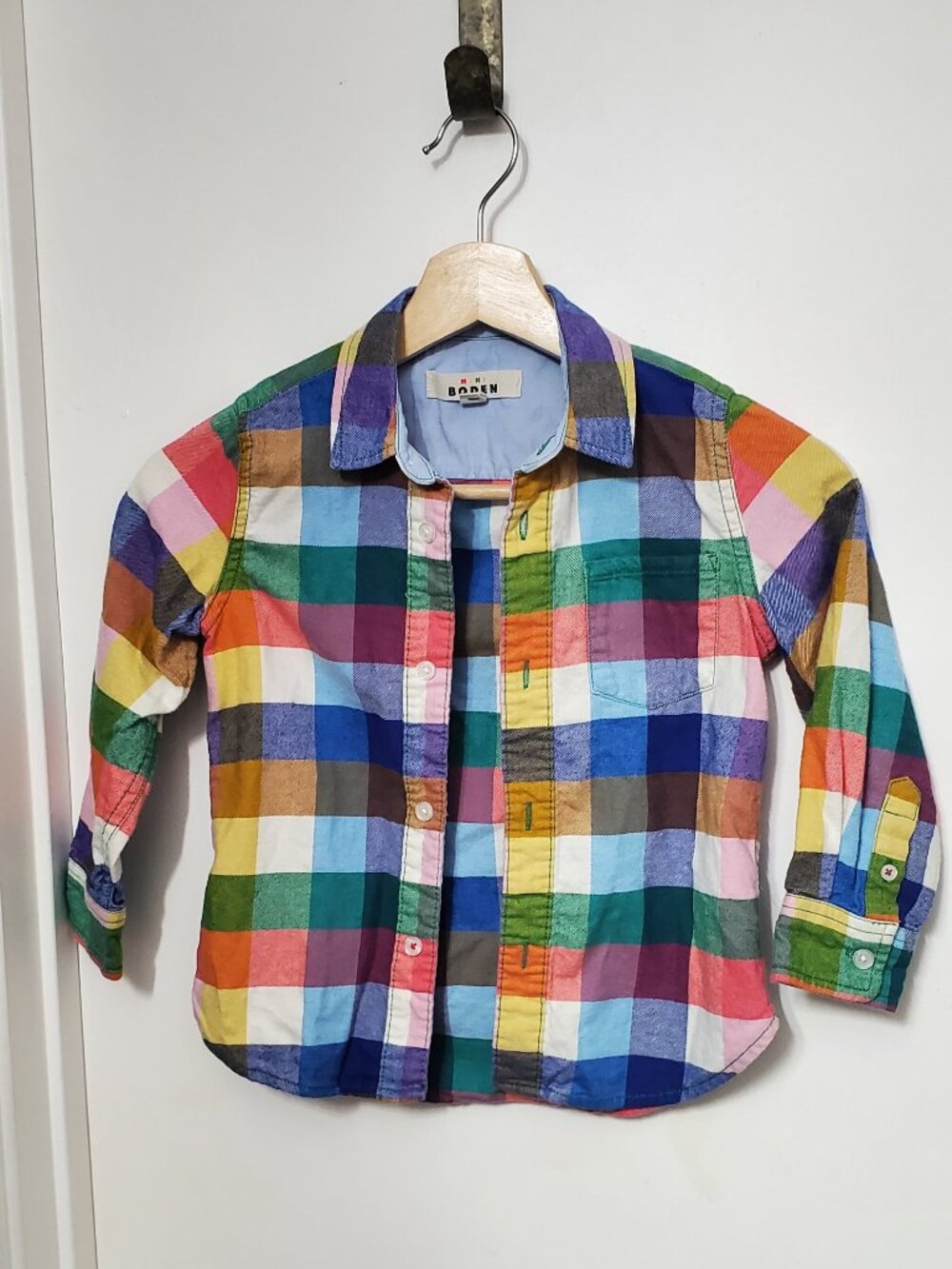 Mini Boden Rainbow Plaid Shirt Boys Size 4-5
